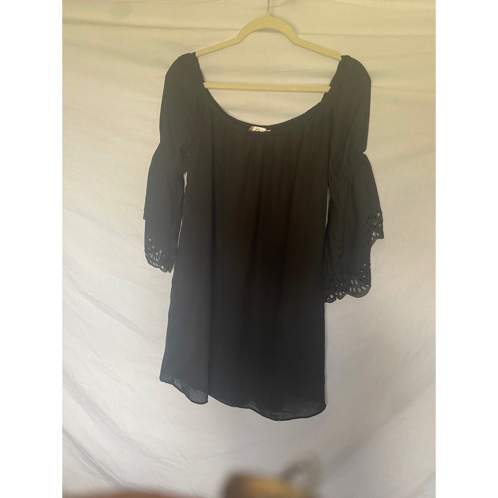 VaVa by Joy Han Black Off‎ Shoulder Eyelet Bell Sleeve Mini Dress CVD8892 Medium